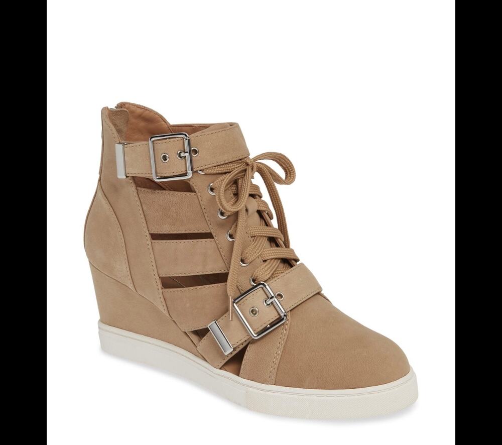 New linea Paolo fave  fawn tan kid suede wedge sneakers sz 6 1/2 cut out